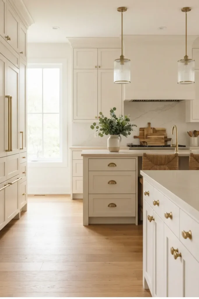 Create a premium, photorealistic Pinterest image for a luxury home decor website.

IMAGE SIZE:
1000 × 1500 pixels
2:3 vertical Pinterest format

MAIN CONCEPT:
A sophisticated modern kitchen where upgraded cabinet hardware is the main visual focus.

Show:
- Elegant warm-white shaker kitchen cabinets
- Beautiful brushed brass cabinet handles and knobs
- Large kitchen island
- Light beige quartz countertop
- Subtle white marble backsplash with delicate veining
- Warm natural oak flooring
- Minimal brass faucet
- Two elegant pendant lights above the island
- Small ceramic vase with fresh greenery
- A few neatly arranged wooden cutting boards
- Soft natural sunlight entering through a large window

IMPORTANT:
Make the cabinet handles and knobs clearly visible and realistic.
The hardware should look premium and expensive, but still practical and believable.

COMPOSITION:
Use a professional interior photography composition.
Camera at eye level.
Show enough of the kitchen to understand the overall design while keeping the cabinet hardware visually noticeable.
Create a balanced, uncluttered composition with beautiful depth.

STYLE:
Luxury interior design magazine
Modern European kitchen
Warm minimalism
High-end architectural photography
Natural realistic lighting
Sophisticated neutral color palette
Premium editorial photography
Ultra-realistic materials and textures
Crisp details
Photorealistic 8K quality

COLORS:
Warm white
Cream
Natural oak
Soft beige
Brushed brass

DO NOT INCLUDE:
People
Text
Words
Letters
Watermarks
Logos
Brand names
Excessive decorations
Artificial-looking furniture
Distorted cabinet handles
Unrealistic objects
Overly dramatic lighting